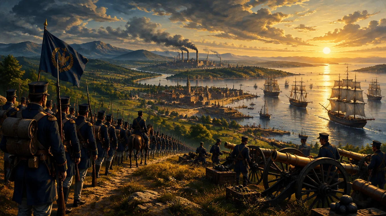 Columns, cannon and sail on a young homeland at dawn.