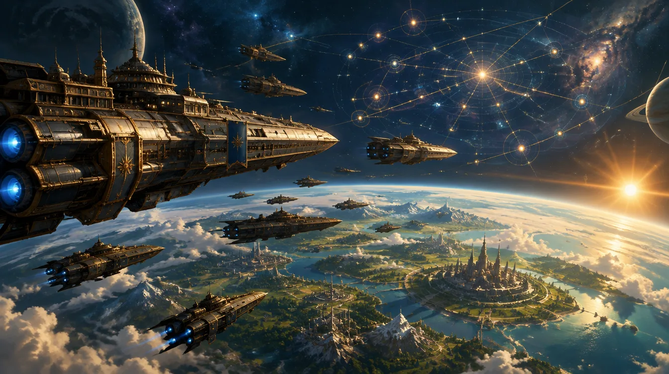 Brass starships over a living world, centuries on.