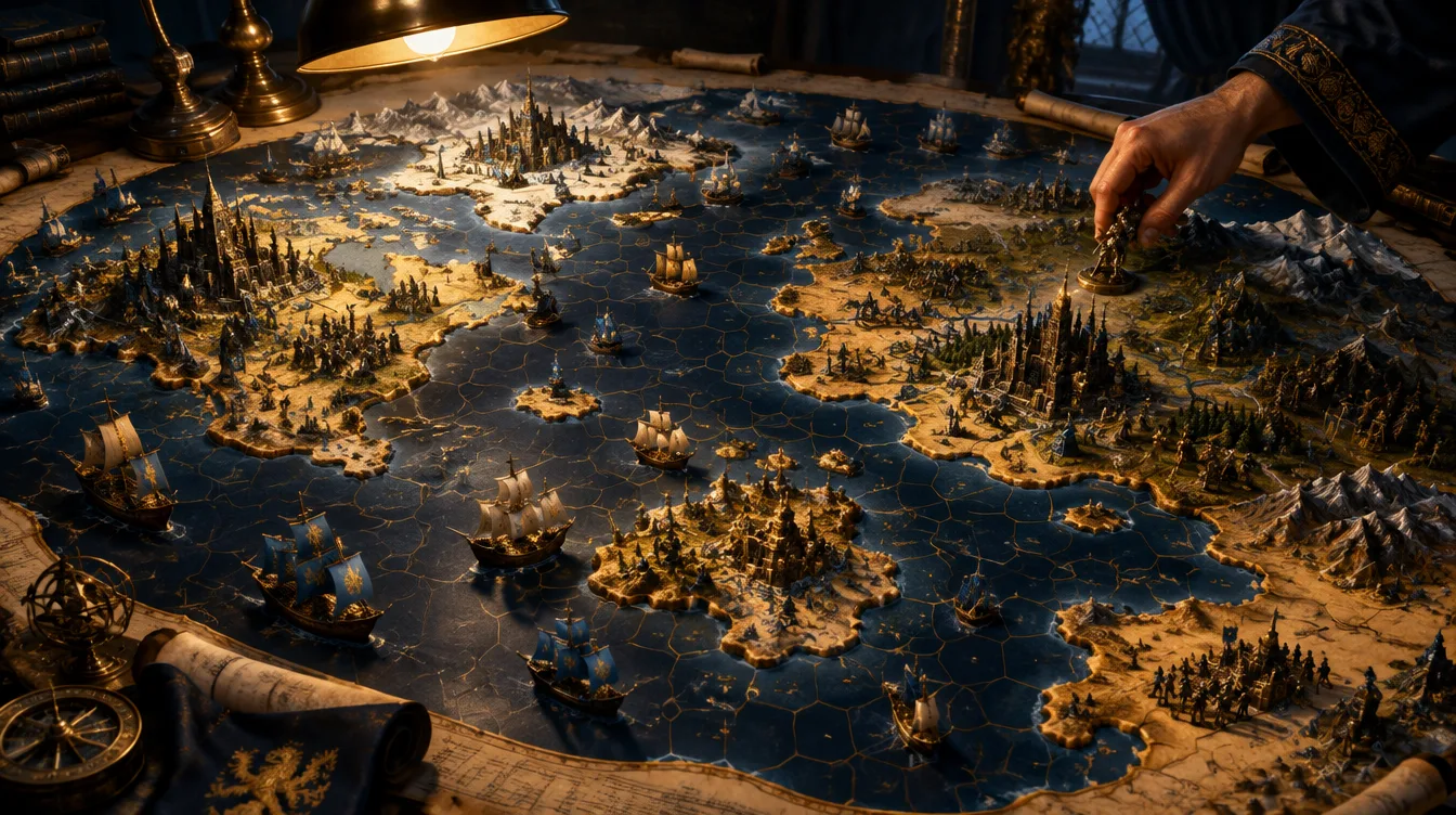 A hand moves a piece across a painted map table of islands and ships.