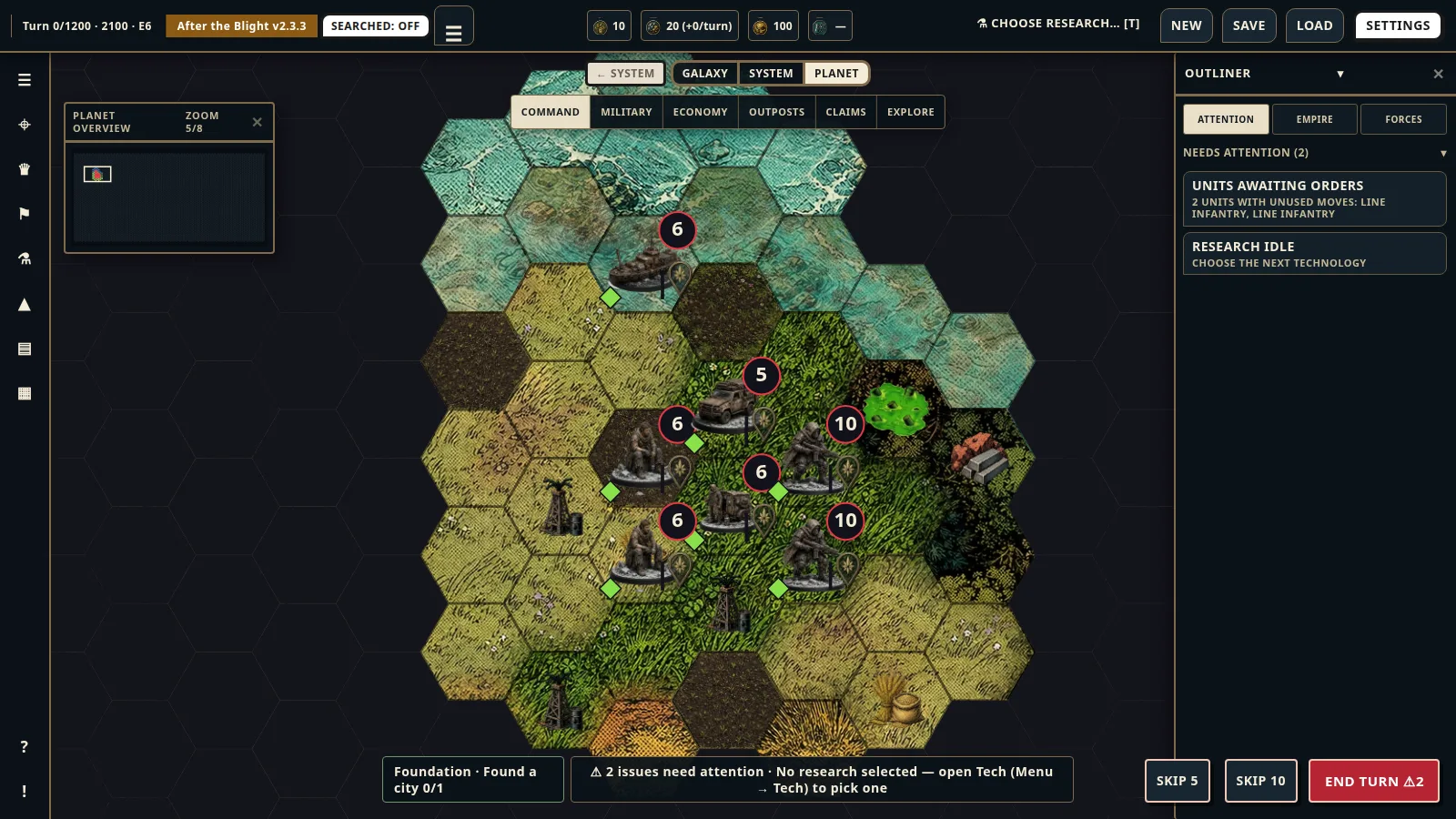 The After the Blight mod in play: scavenged infantry and a battered truck on a green wasteland, with the mod's name on the top bar and the start year 2100.