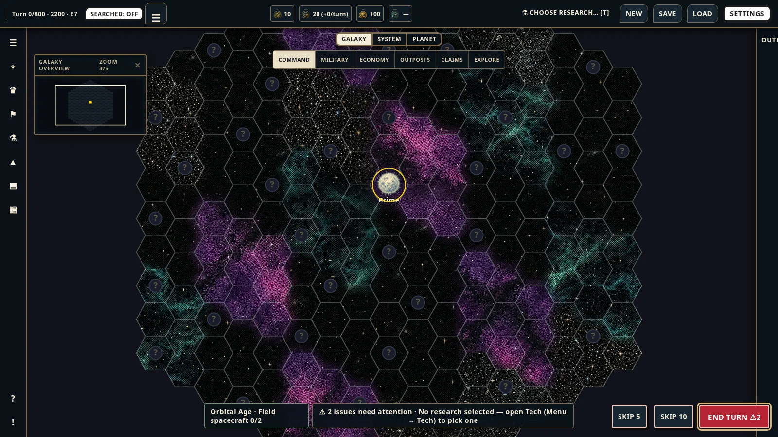 The galaxy map: a hex field of nebulae with the home system marked and unexplored sectors shown as question marks.
