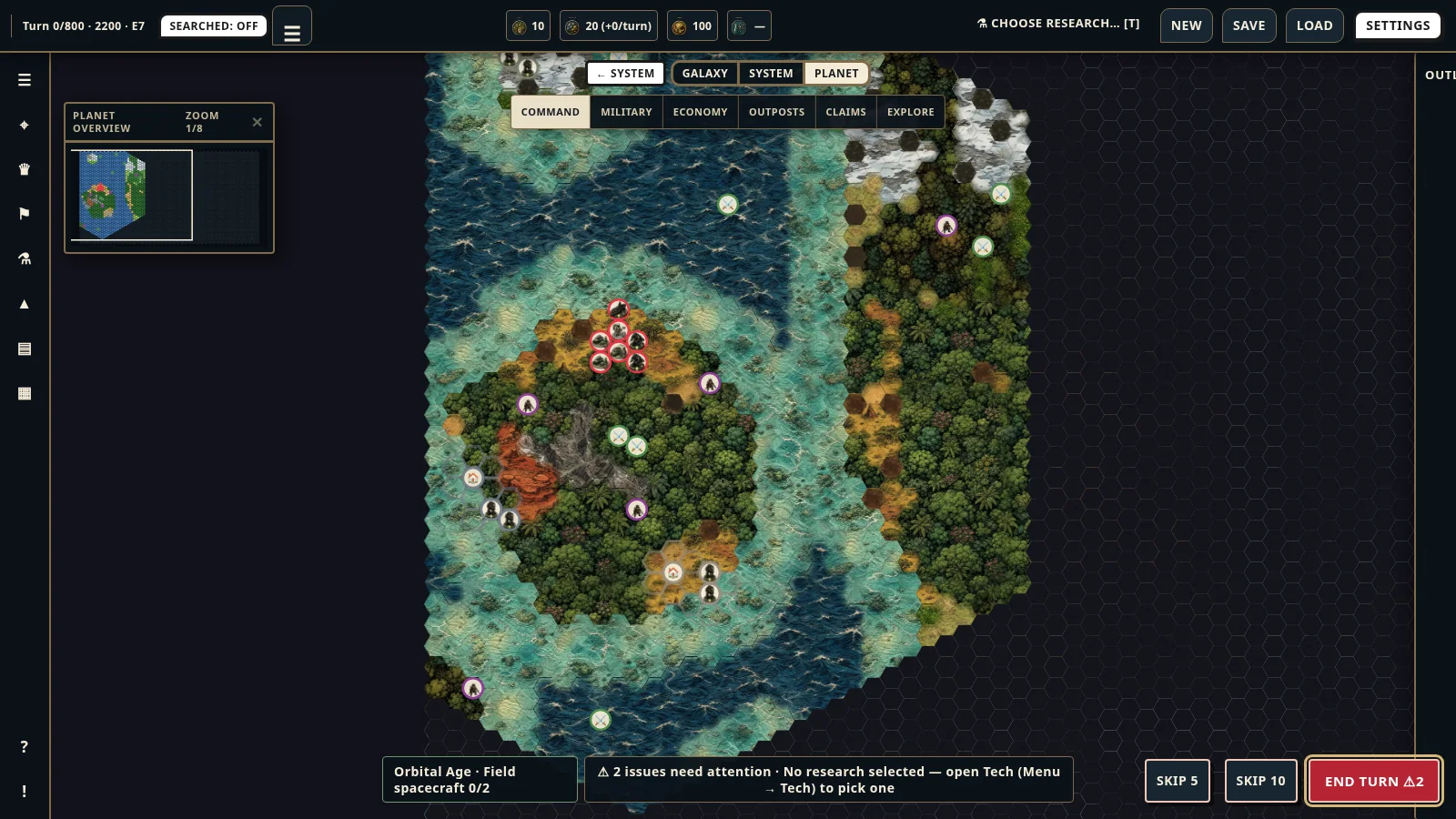 A planet map: islands of forest, desert and ice across a hex sea, with units and settlements marked.