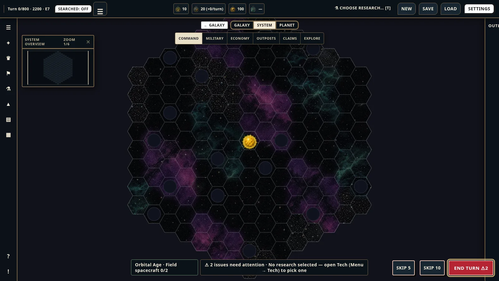 A star system map: a hex field around a yellow star.